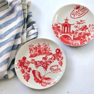 Anthropologie red toile Salad Dessert Plate Set 2 butterfly chinese pagoda vtg